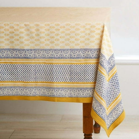 

India Hand Block Yellow Blue Motif Print Cotton Tablecloth