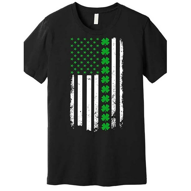Camiseta del Día de San Patricio 100 % algodón con aplique de trébol y bandera estadounidense. Cuello redondo informal, tejido de punto de elasticidad media, corte regular, color liso con estampado gr