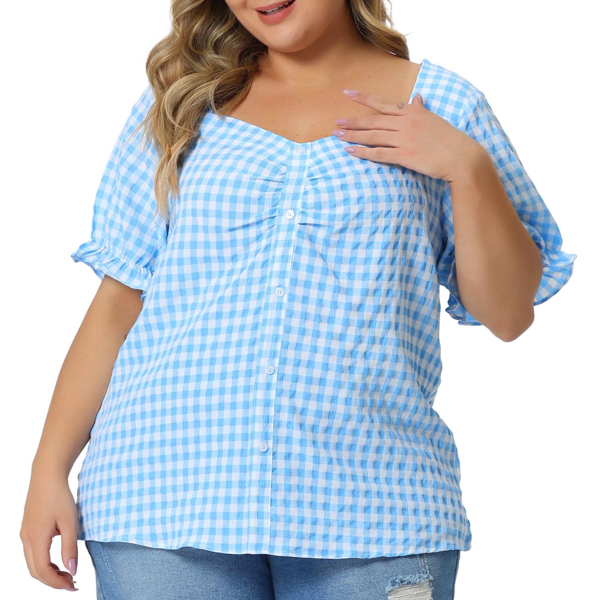 DARING DIVA Women's Plus Size Sweetheart V Neck Puff Short Sleeve Blouse 6X Blue