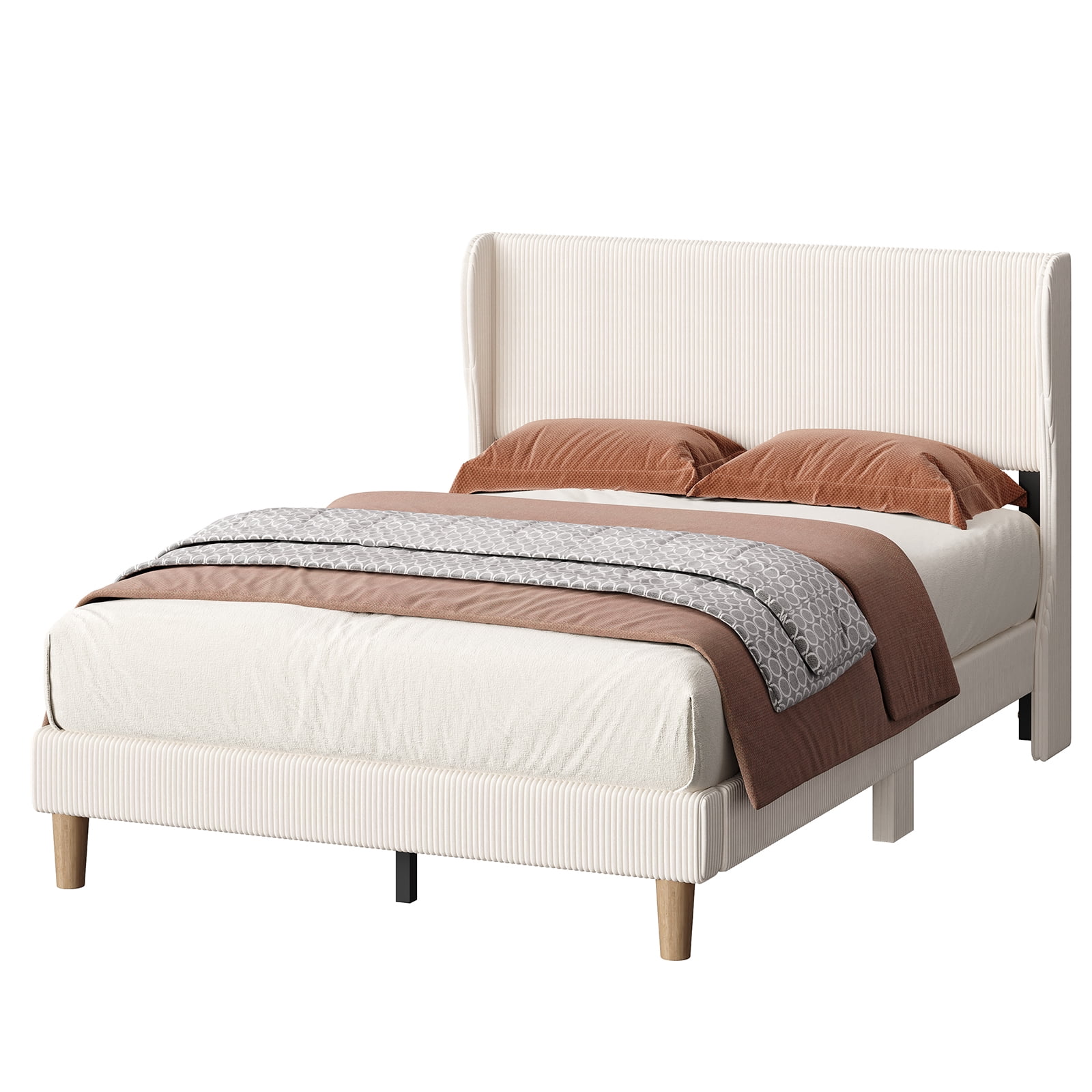 Bestier Full Size Corduroy Bed Frame with Wingback Headboard, Upholstered Platform Bed with Wood Slats, No Box Spring Needed, Beige