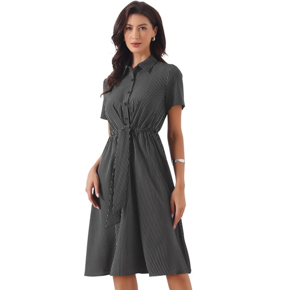 DARING DIVA Women's Lapel Striped Collared Tie Waist Button Down Work Dresses XS Black