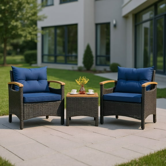 GVN Patio Furniture 5 Pieces Patio Rattan Furniture Set, Outdoor Wicker Rattan Chairs Garden Backyard Balcony Porch Poolside loveseat with Cushioned Sofa Armrest Wooden Tabletop-Off White