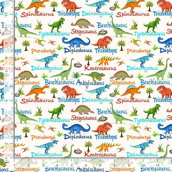 Cotton Dinosaur Dig Pre-historic Mini Dinosaurs and Names Novelty Greenery Timeless Treasures Cream Cotton Fabric Print by the Yard (DINO-CD3847-CREAM)