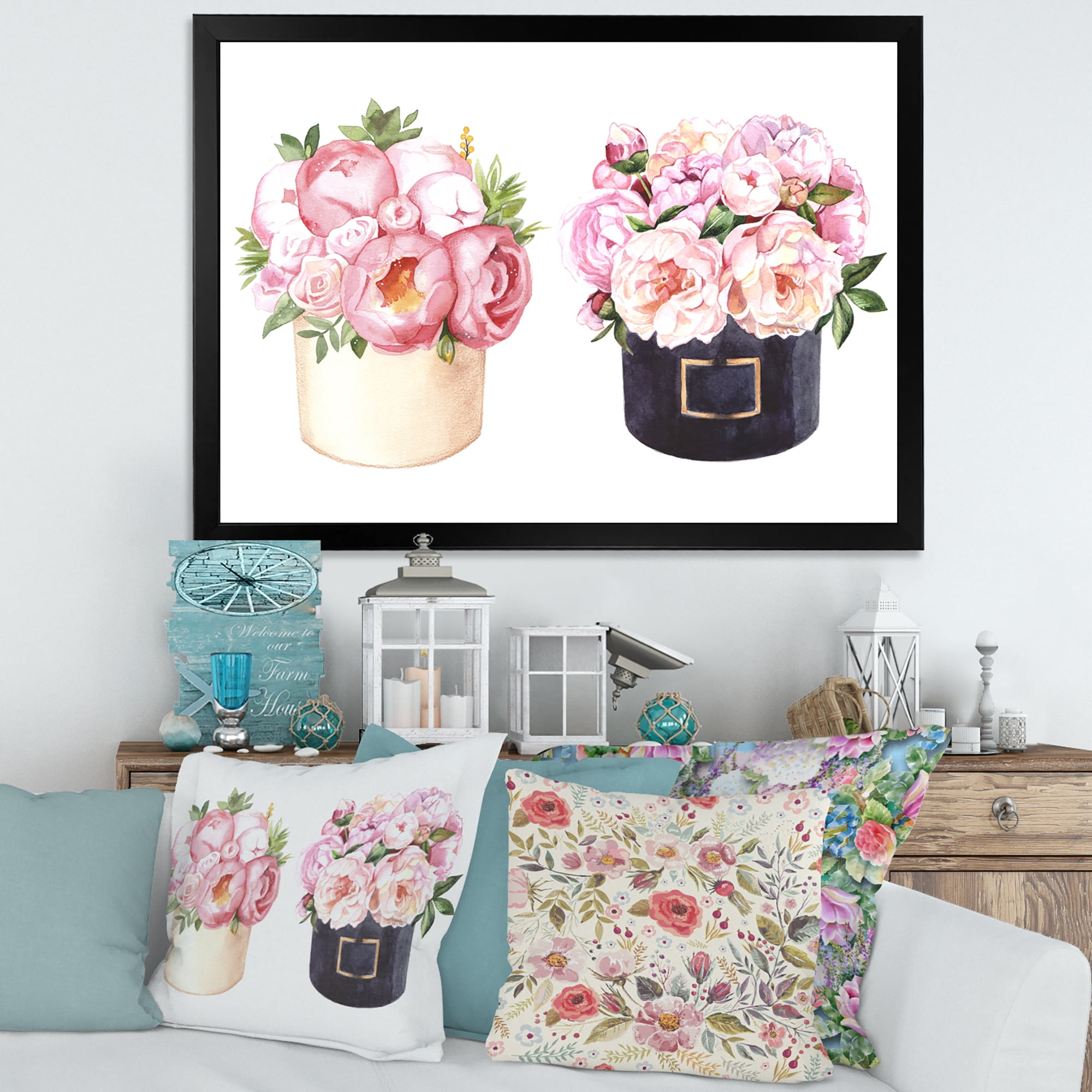 Designart 'Peonies and Rose With Flower Box' Farmhouse Framed Art Print