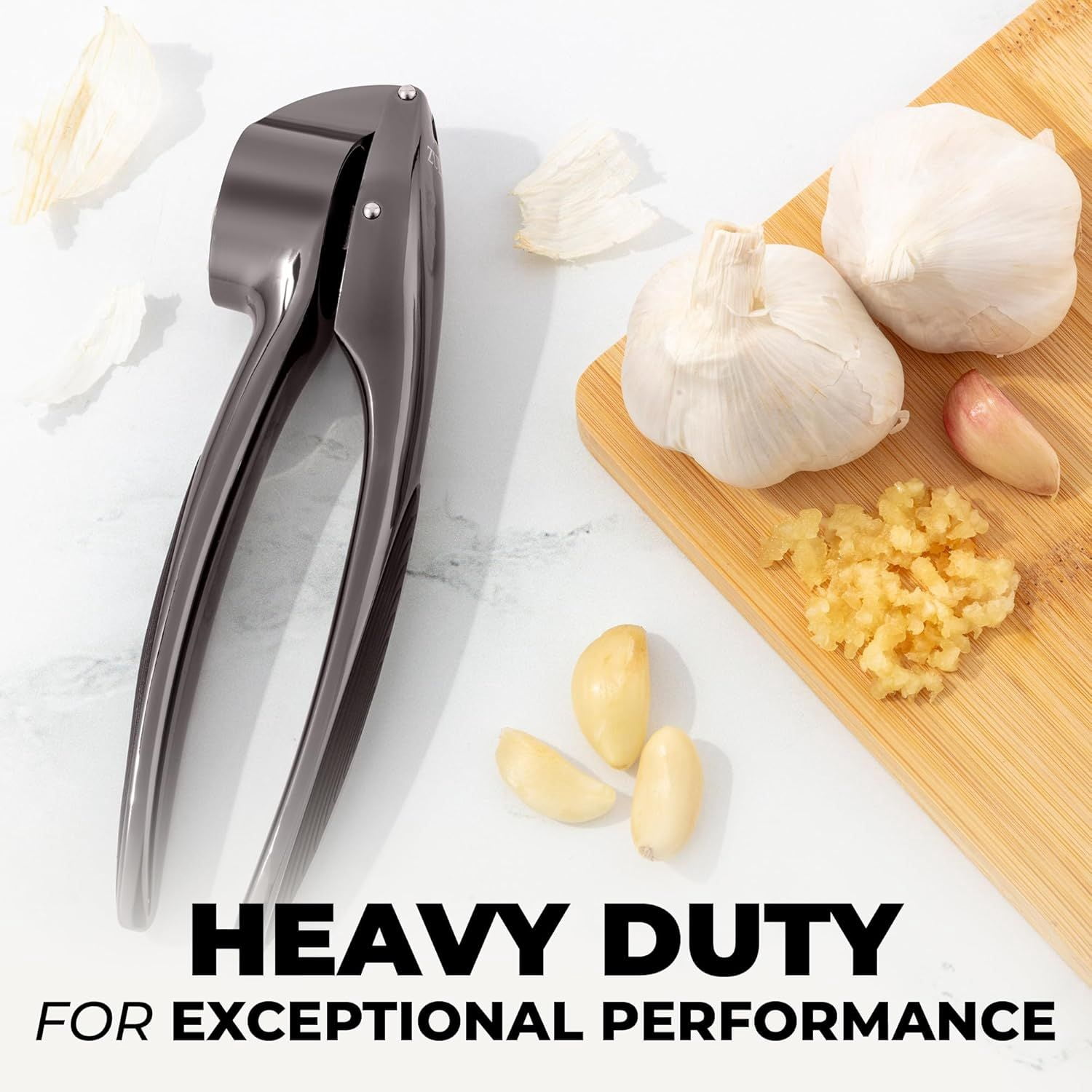 Medium Dark Gray Rust Proof Garlic Press Set Dishwasher Safe Mincer with Silicone Peeler & Brush