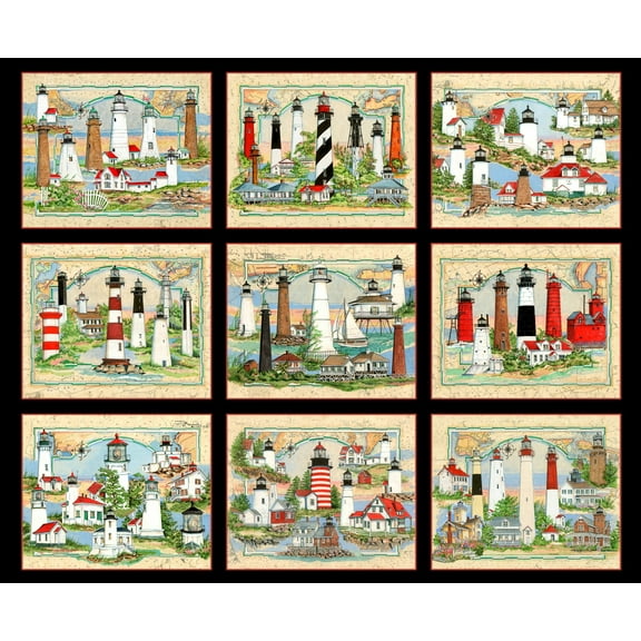 36" X 44" Panel Lights of Hope Blocks Lighthouses Black Cotton Fabric D680.91
