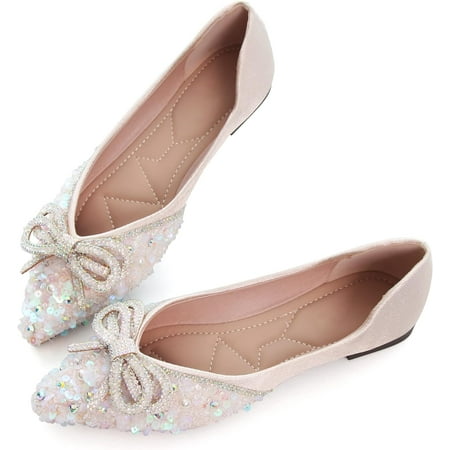 

Pfhytec LU Bow-Knot Ballet Flats for Women Pointed Toe Crystals Shoes Comfort Light Weight Loafers