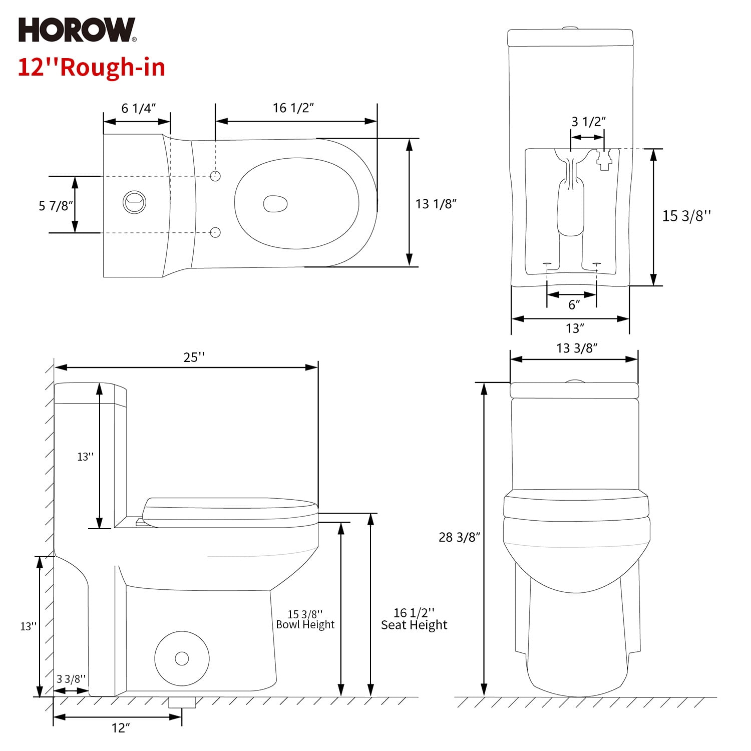 HOROW Small one Piece Toilet Compact Bathroom Commode Water Closet Dual Flush,12'' Rough-in+UF Seat
