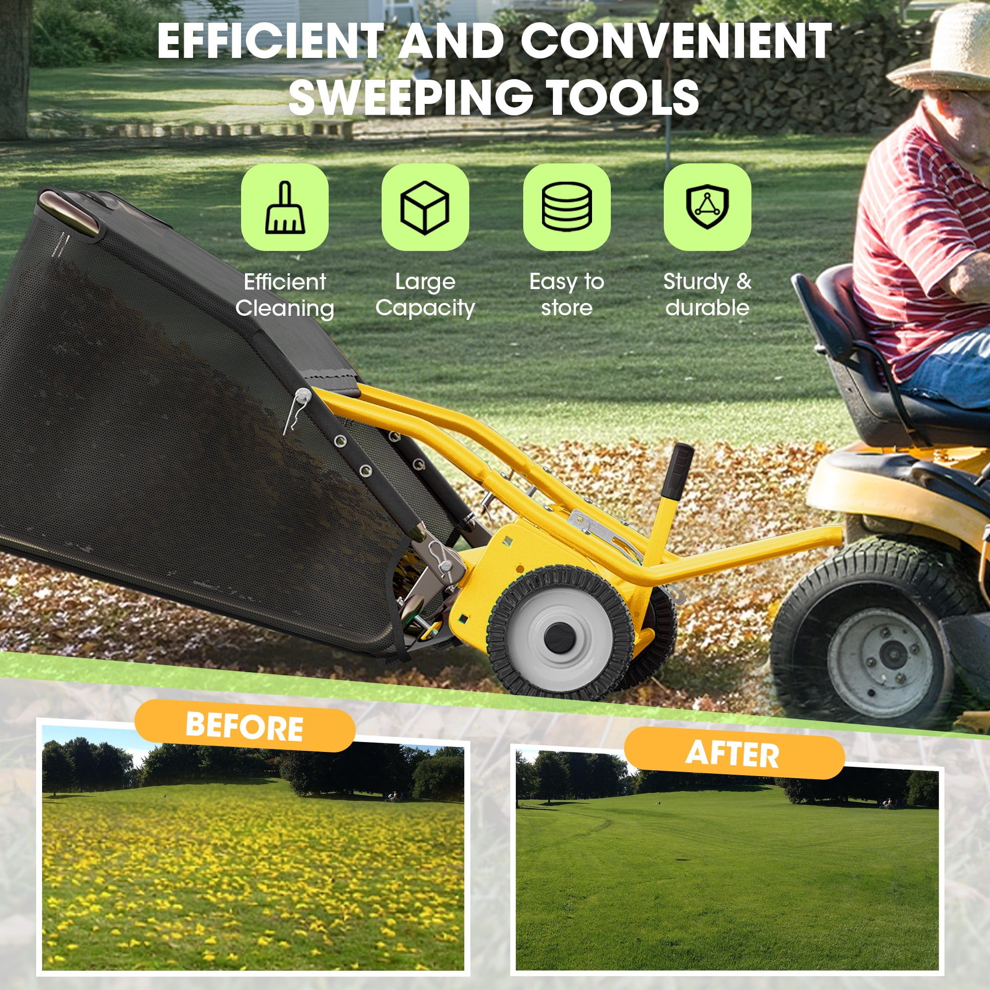 48" Tow-Behind Lawn Sweeper, Pull Behind Grass and Leaf Collector with 25.16 Cu. ft Hopper, Adjustable Brush Height Lever & Dumping Rope for Lawn and Yard Cleanup,Yellow
