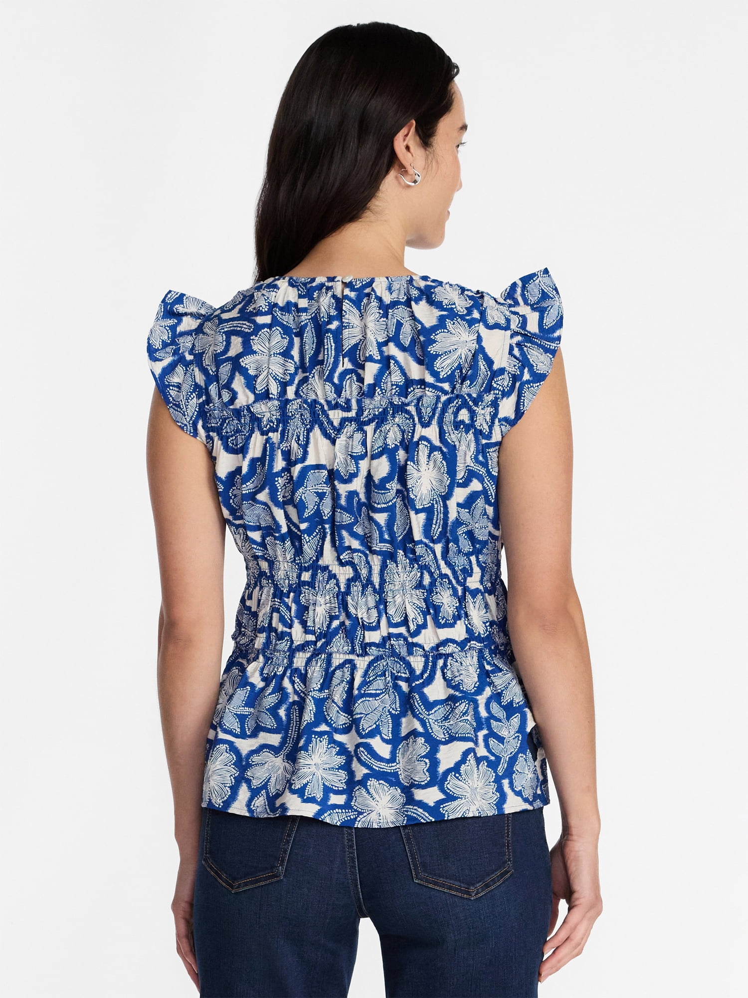 Time and Tru Women's Sleeveless Smocked Top with Ruffle Trim, Sizes XS-XXXL