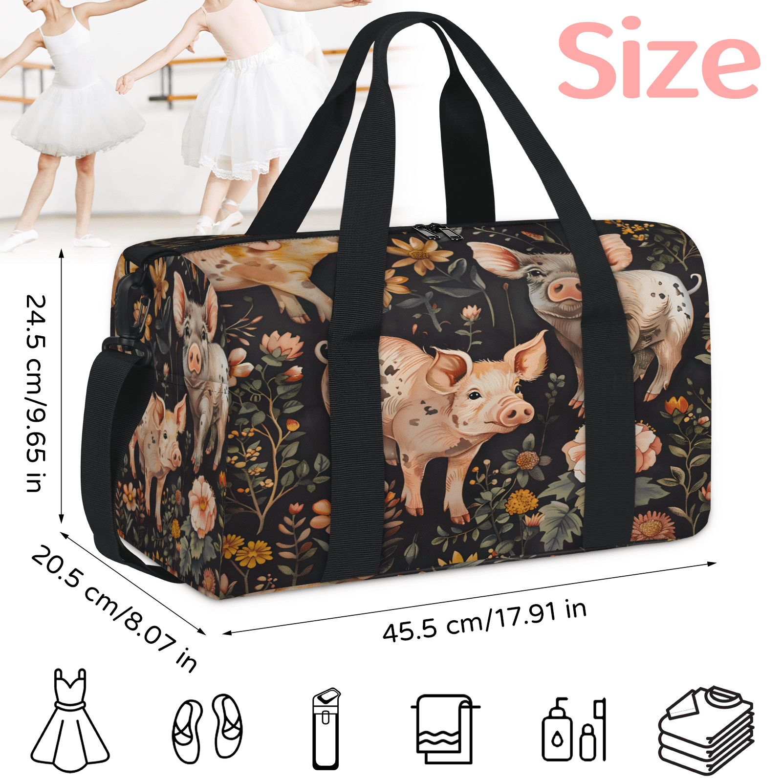 Herdesigns Floral Pig Animal Gym Bag for Women, Duffle Bag for Travel Sport, Lightweight Waterproof Carry on Weekender Overnight Dance Yoga Workout Bags