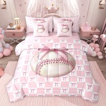 jejeloiu Pink Cartoon Bows 7pcs Bedding Comforter Set,Modern Geometric Checkered Queen Bedding Sets For Girls Teens Reversible