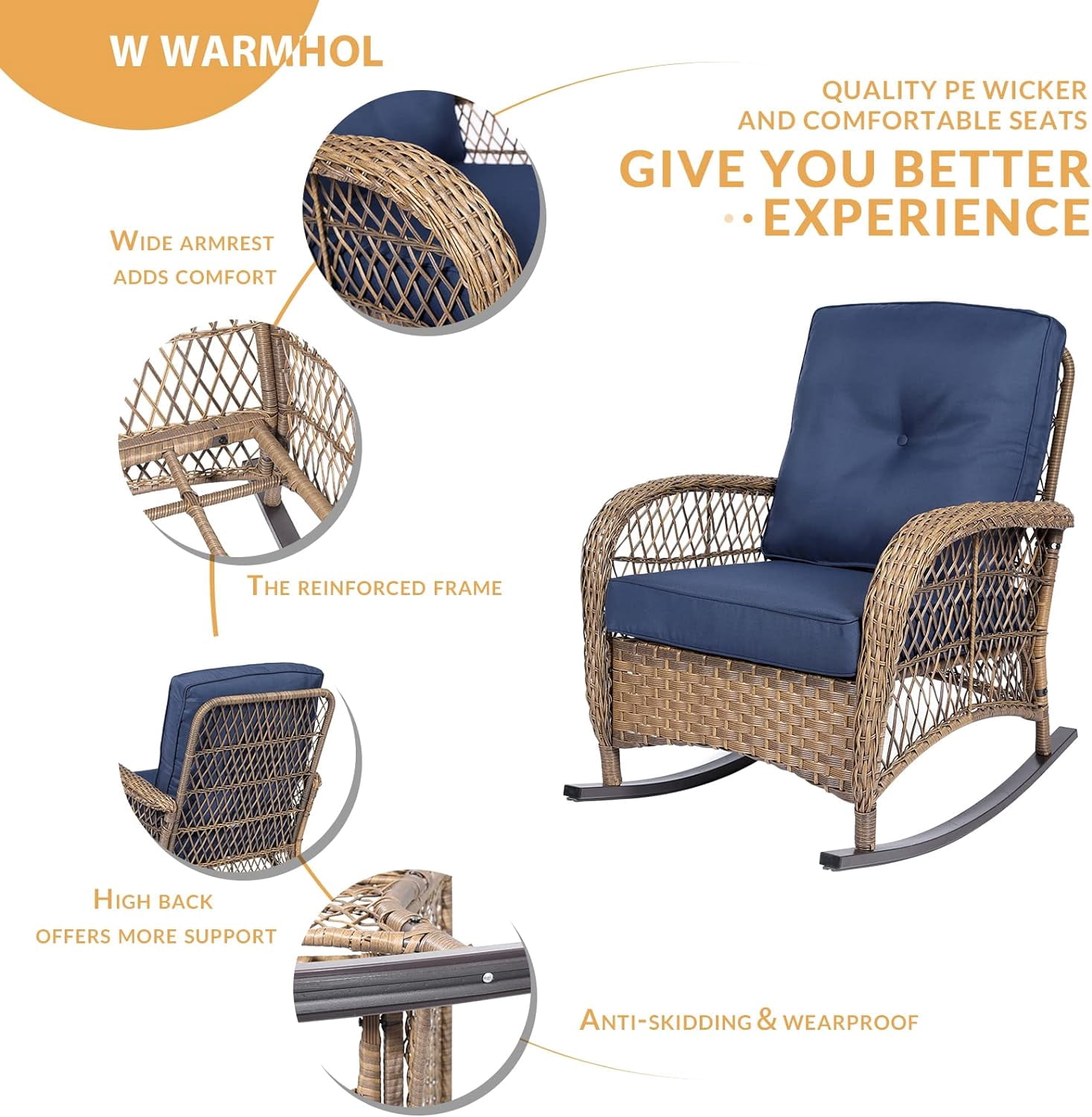 W WARMHOL Outdoor Wicker Rocking Chair with Thickened Cushions, All-Weather Rattan Patio Rocking Chairs, Rocker Wicker Chair for Porch Garden & Backyard, Beige