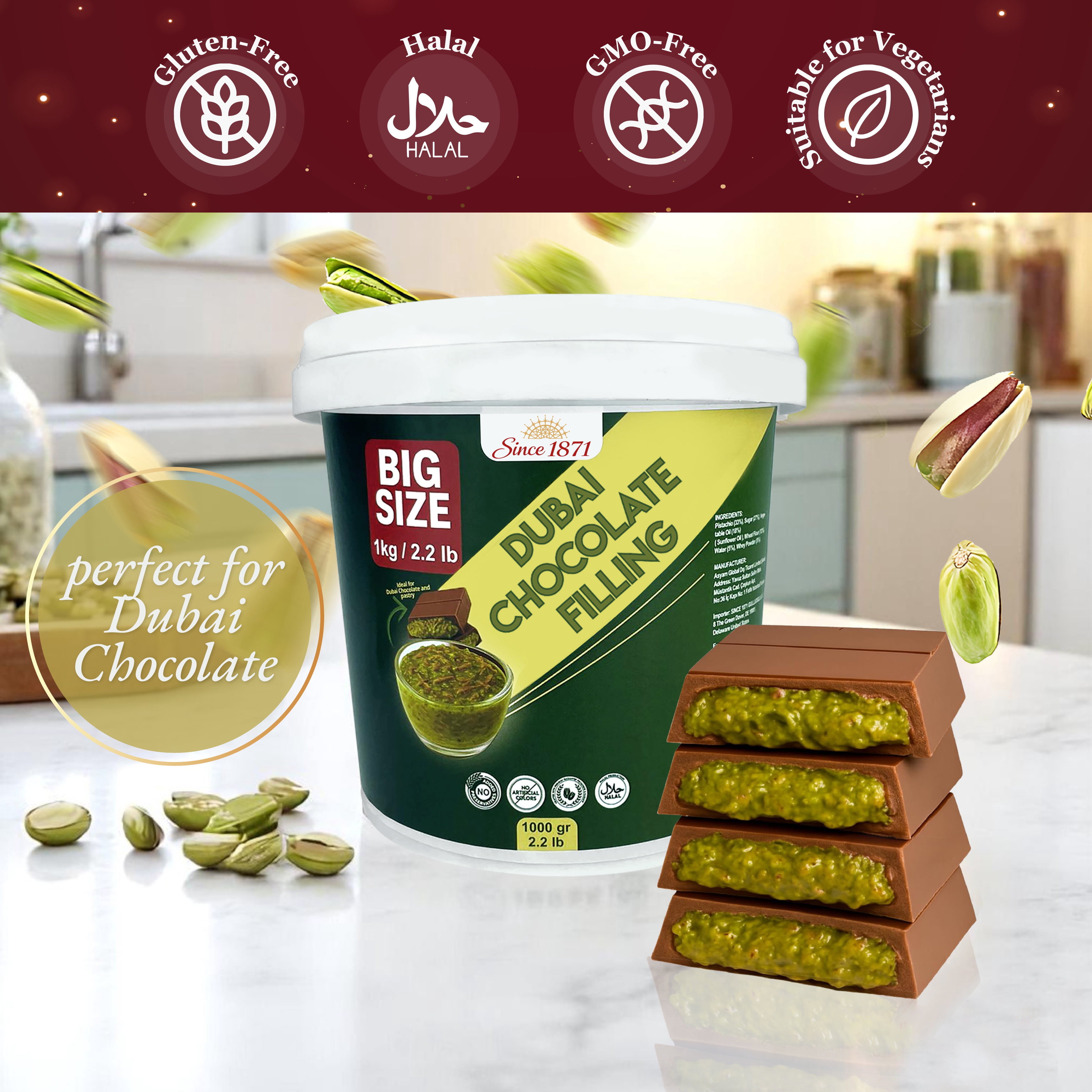Gulluoglu Dubai Chocolate Filling 2.2 Lb /1 Kg Pistachio Cream with Crispy Kadayif|Middle Eastern Gourmet Dessert Best Ingredient For Dubai Chocolate|Rich, Crunchy & Decadent Treat (2.2 lb /1000 gr)