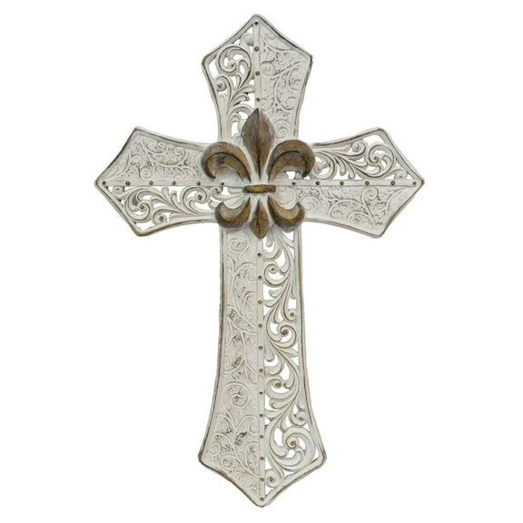 De Leon Collections 13737 Ornate Hollowed White Scrollwork Fleur De Lis Cross Dcor