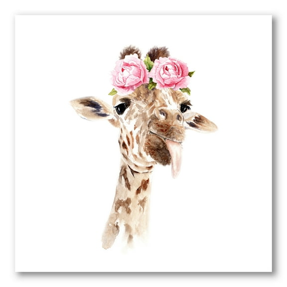 Designart ' Portrait of A Giraffe With Pink Flowers ' Farmhouse Canvas Wall Art Print