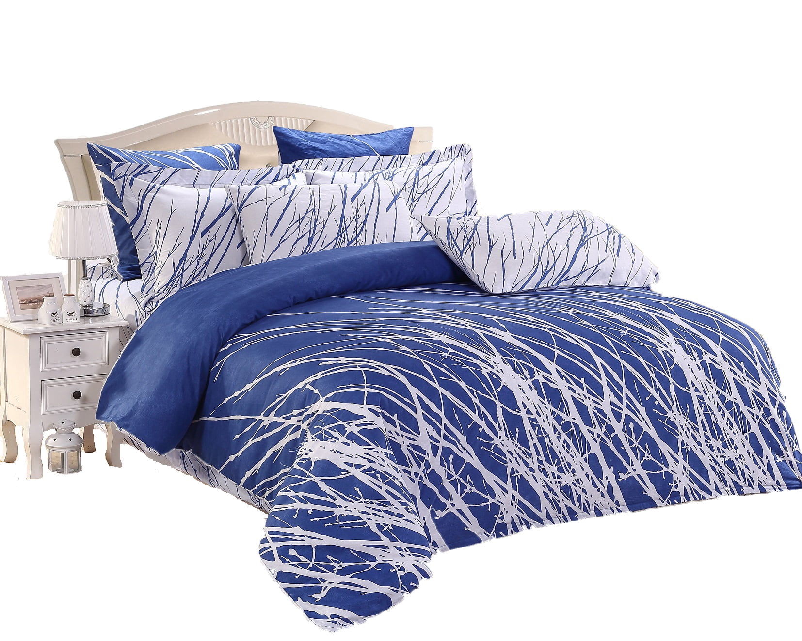 Swanson Beddings Tree Branches Reversible 3-Piece Cotton Bedding Set: Duvet Cover and Two Pillow Shams Blue Queen Size (No Comforter Included)