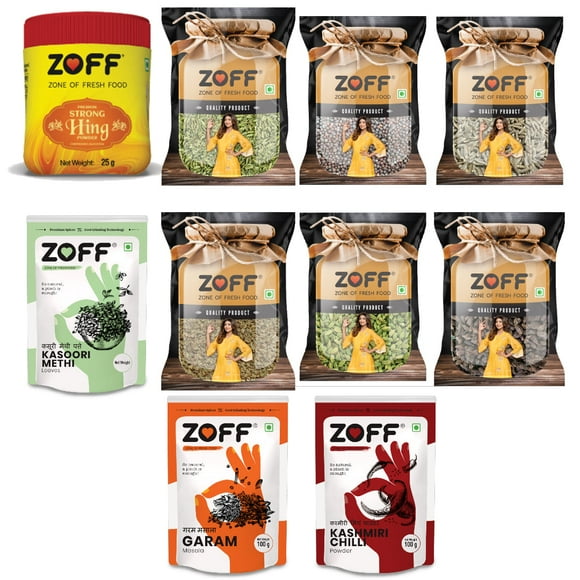 Zoff All Natural Spice kit of 10 Indian Spices and Seasoning | Green & Black Cardamom, Dried Fenugreek Leaves, Fennel, Cumin whole, Garam Masala, Asafetida, Black Mustard, Kashmiri Chili, Carom Seeds