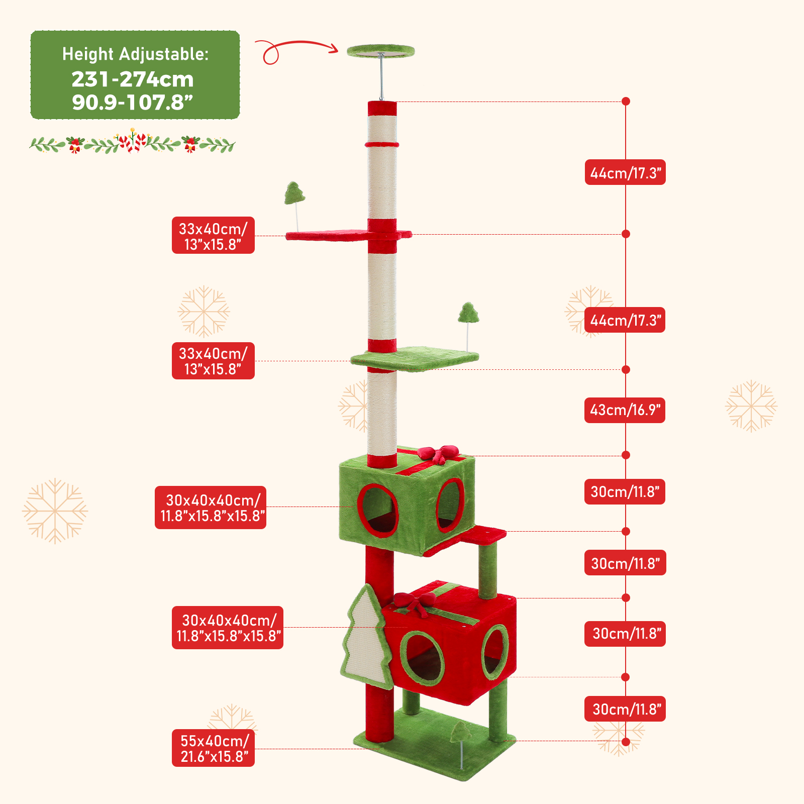 PEQULTI 90.9"-107.8" Christmas Cat Tree Floor to Ceiling Tall Cat Tower with 2 Spacious Cat Condos Red