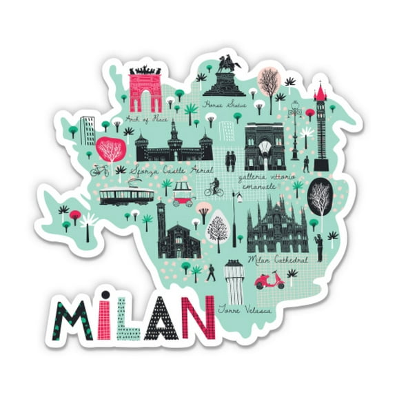 Milan Italy City Map Cute - 3" Vinyl Sticker - For Car Laptop Water Bottle Phone - Waterproof Decal
