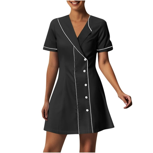 Abcnature Women's Solid Color Turn Down Collar Short Sleeve Mini Dress with Pockets Button Front Nursing Work Dress Comfortable Healthcare Uniform Breathable Midi Dress for Caregiver & Nurse