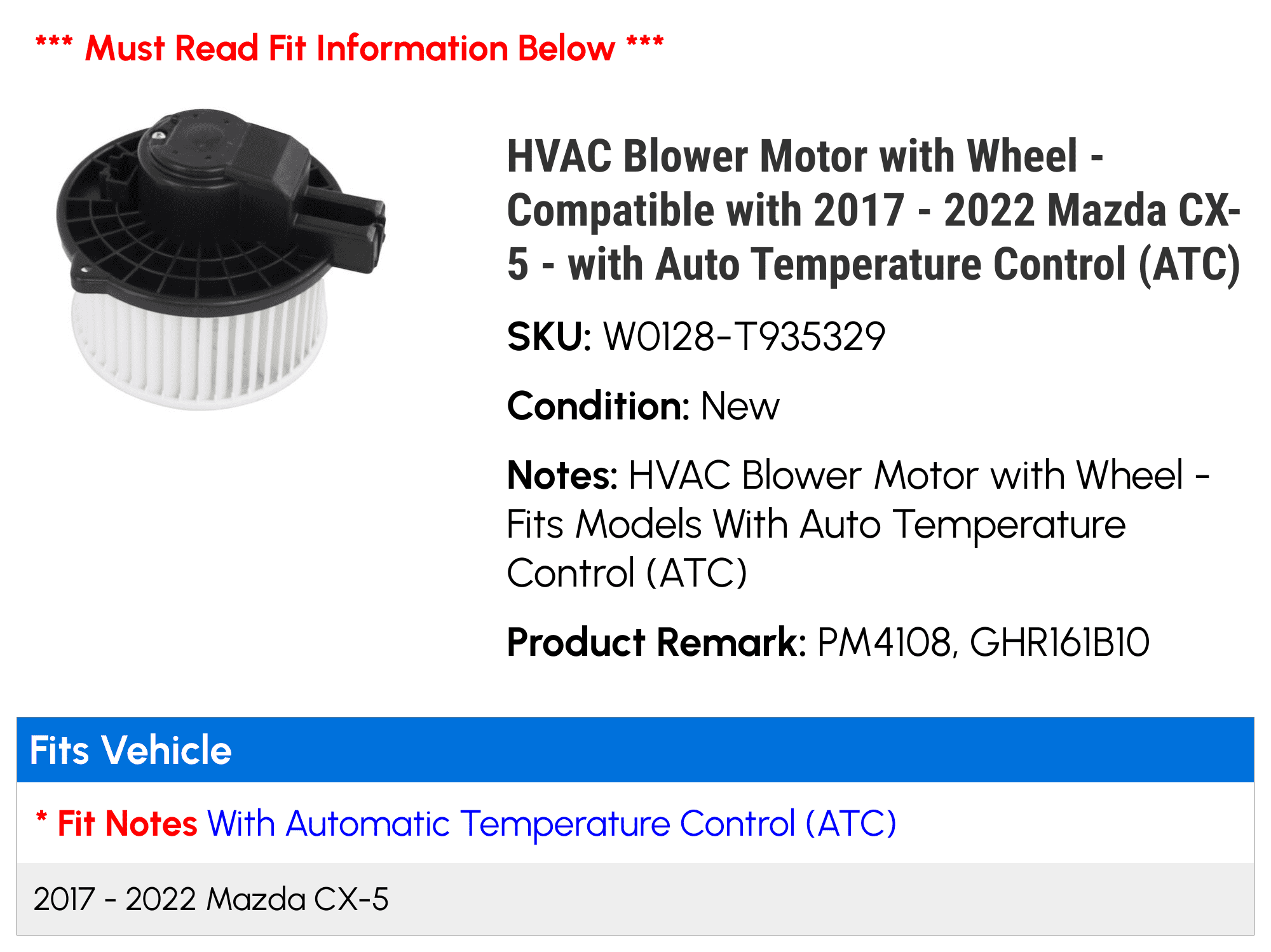 HVAC Blower Motor with Wheel - Compatible with 2017 - 2022 Mazda CX-5 - with Auto Temperature Control (ATC) 2018 2019 2020 2021
