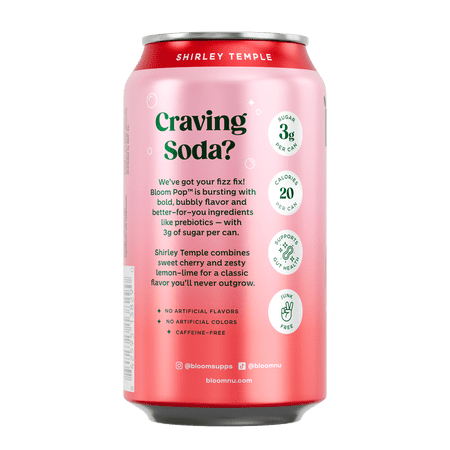 BLOOM NUTRITION POP PREBIOTIC SODA, SHIRLEY TEMPLE, 12 FL OZ CAN