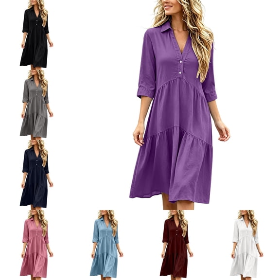 Levmjia Women's Dress V Neck Button Down Midi Dress 3/4 Sleeve Tiered Babydoll Dress Casual Loose Fit Summer Dresses with Pockets