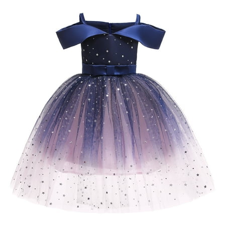 

OLLUISNEO 5-6 Years Little Girls Dress Sling Off-The-Shoulder Solid Color Party Formal Dress Blue