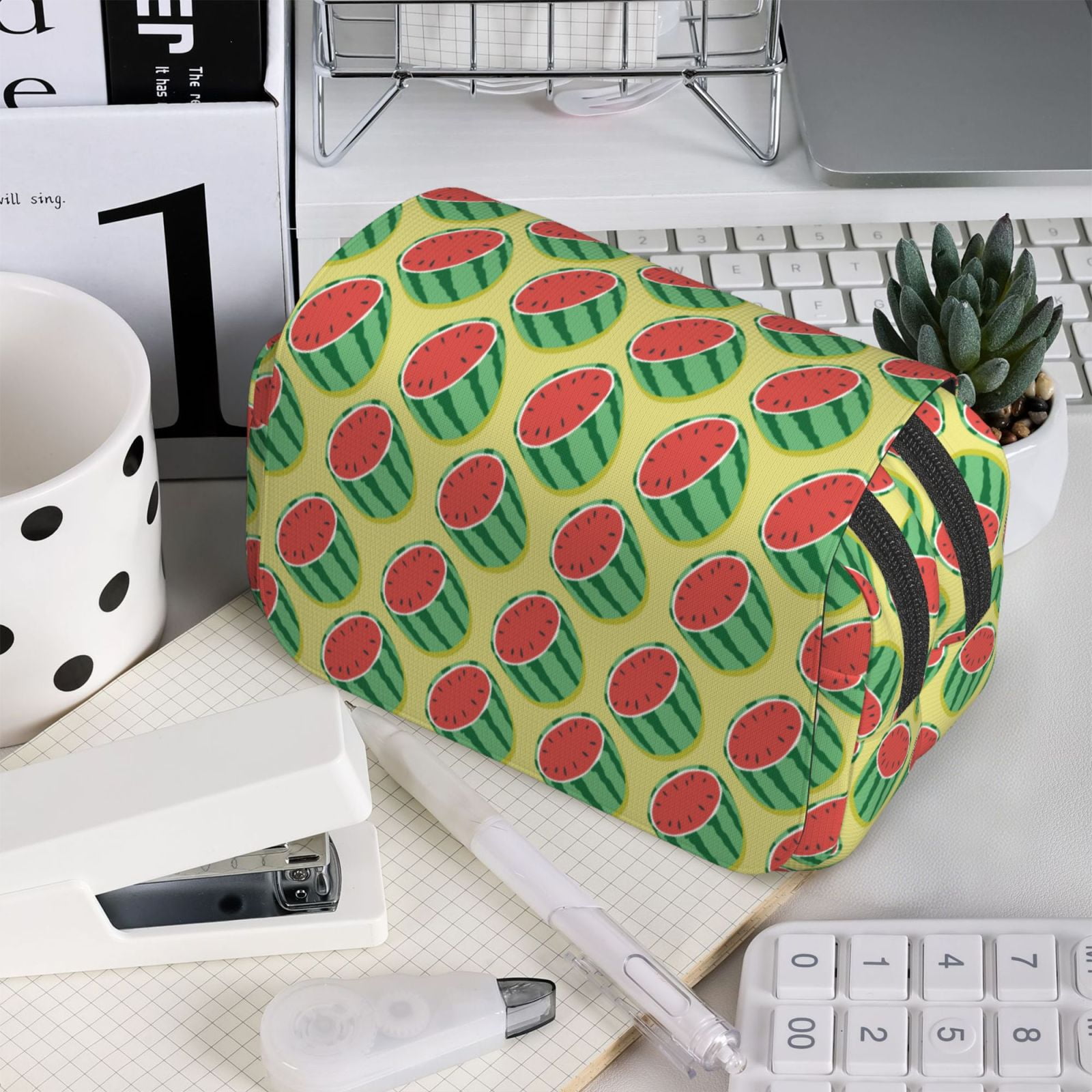 Rateoe Summer Watermelon Pattern Double Clamshell Pen Case, Storage Organizer with Two Zipper Compartments– Holds Up to 50 Pencils & Pens