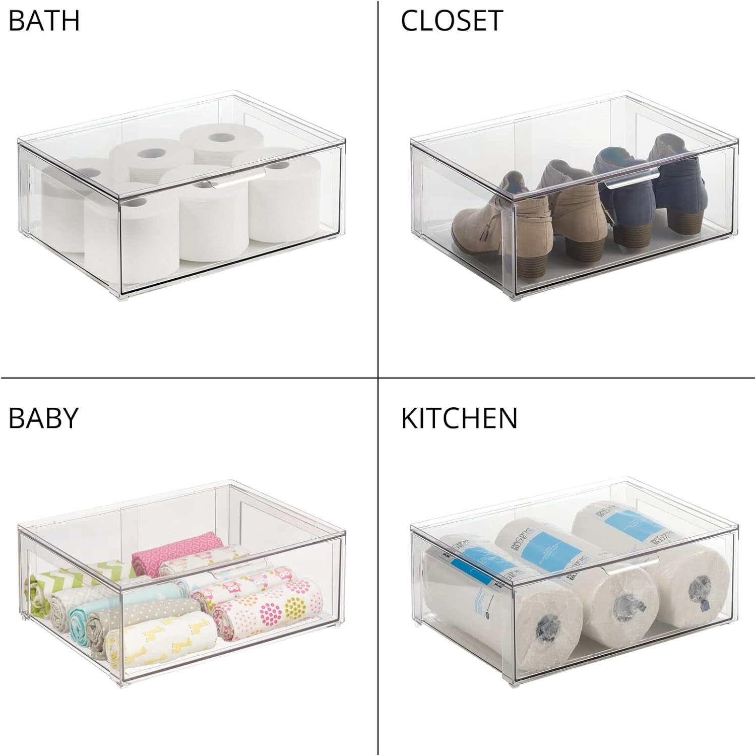 Plastic Stackable Kitchen Storage Organizer Bin Containers with Front Pull Drawer for Cabinet, Pantry, Fridge, Freezer, Shelf, Refrigerator Organization - Lumiere Collection - Clear