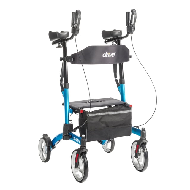 andador vertical elevate, azul andador vertical con asiento para adultos mayores; armazón de aluminio azul con asiento y apoyabrazos acolchados en negro, respaldo bajo de soporte, apoyabrazos ajustables en altura, frenos de bloqueo de bucle y doble horquilla delantera para estabilidad, cuatro ruedas grandes y bolsa frontal plegable adecuada para transportar artículos personales.