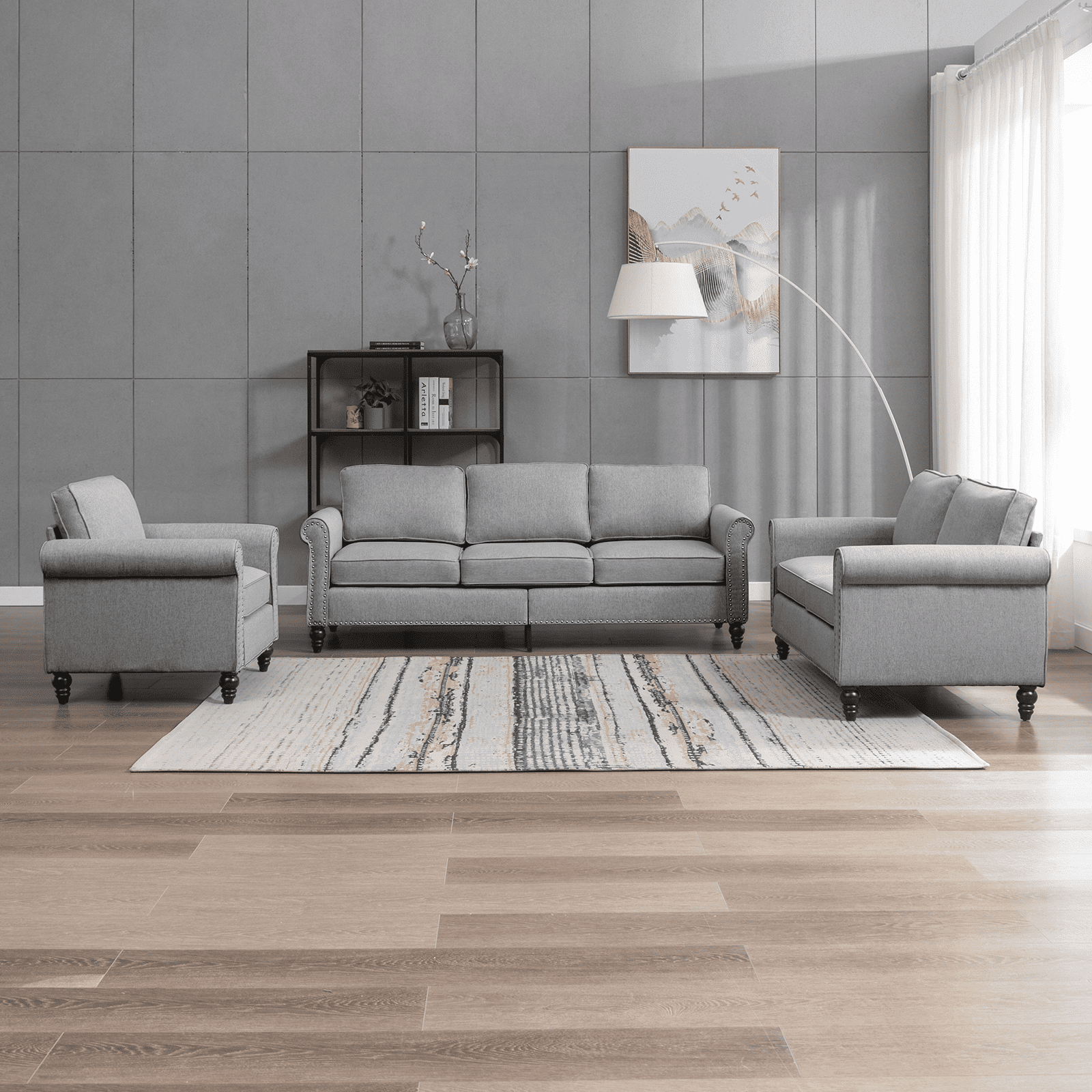 MUZZ Living Room Furniture Sets with 5.9"Upholstered Cushion, 3-Seater Sofa Couch and Loveseat, Sofa Set for Living Room(Light Grey)