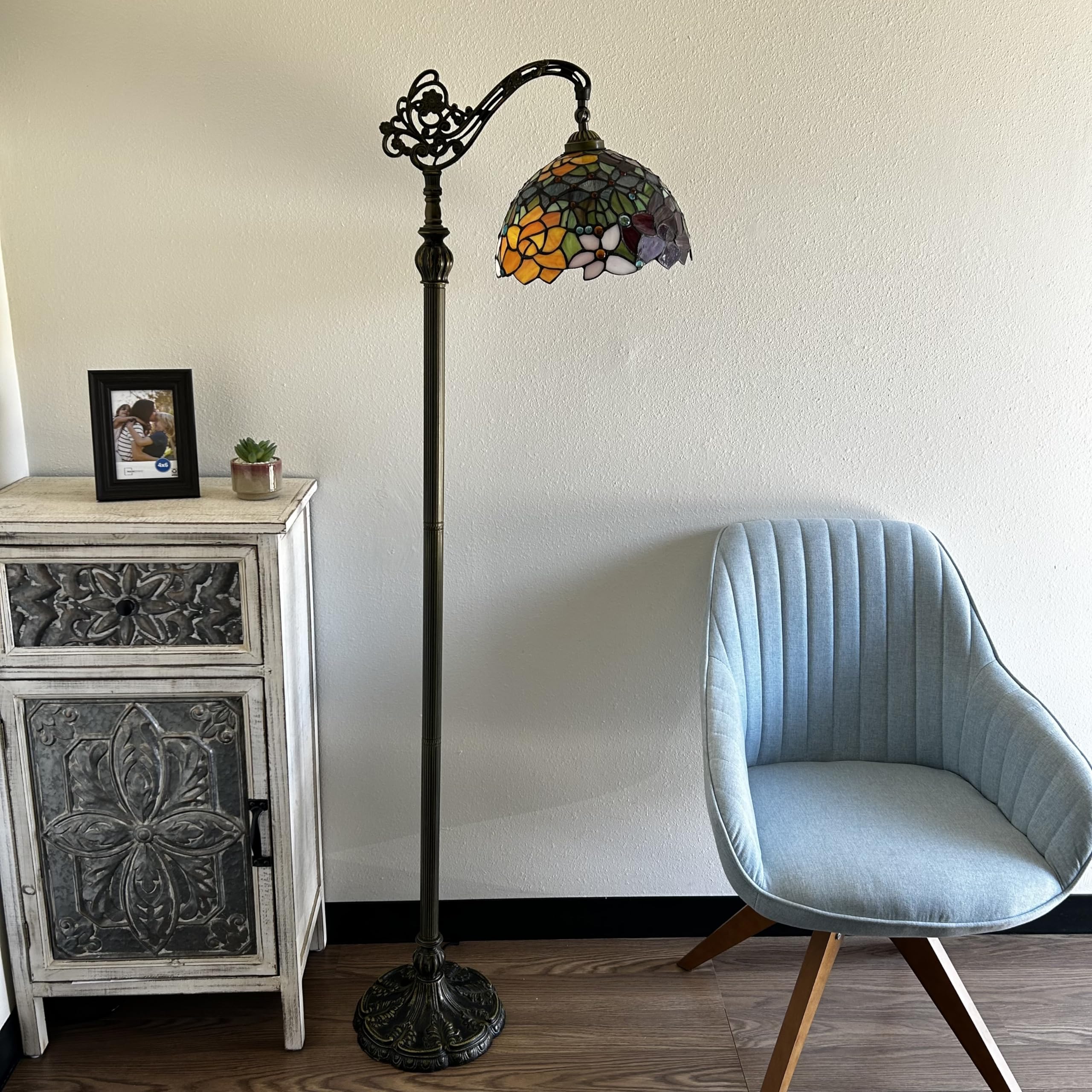 Tiffany Floor Lamp Rose Flowers Pink Orange Stained Glass Gooseneck Adjustable Corner Standing Reading Light 20"W*12"D*63"H