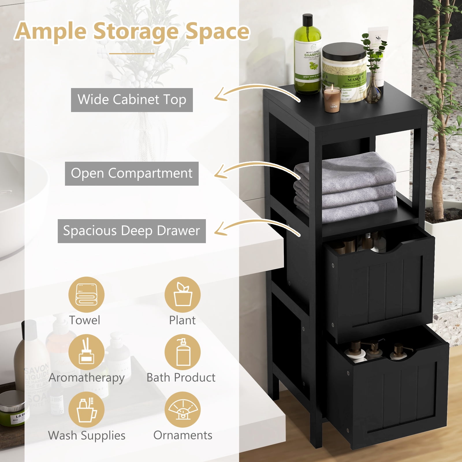Giantex Narrow Storage Bathroom Cabinet, Freestanding Floor Cabinet w/2 Removable Drawers, Black