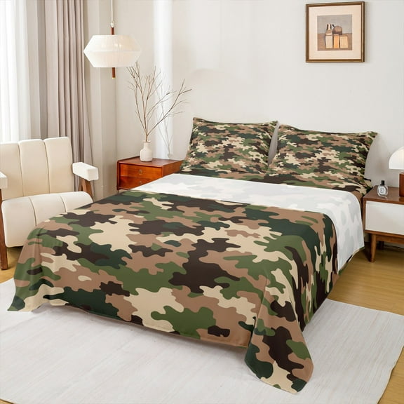Manfei Camouflage Hunting Twin Sheet Sets,Camo Army Twin Fitted Sheet,Green Brown Beige Flat Sheet For Teens,Ultra Soft Home Decor,3 Pieces