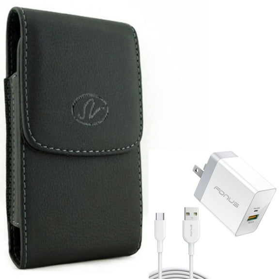 Holster Leather Case Belt Clip w 6ft Long Cable Fast Type-C 36W PD Home Charger for Motorola Moto Z Force Droid, Revvlry Plus, G7 G Stylus Power (2020) - OnePlus 7T, 6T, 6, 9 - Razer Phone 2