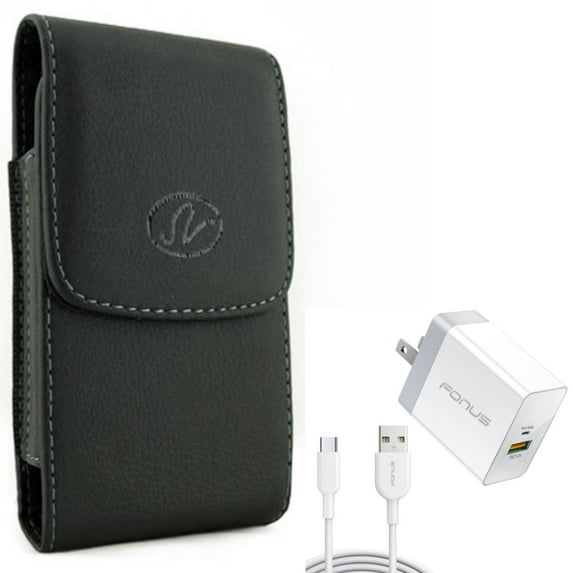 Holster Leather Case Belt Clip w 6ft Long Cable Fast Type-C 36W PD Home Charger for Acer Liquid Jade Primo - ASUS ROG Phone, ZenFone 6 - AT&T Fusion Z - BLU G9 Pro - BOLD N1 - CAT S62 S48c Pro