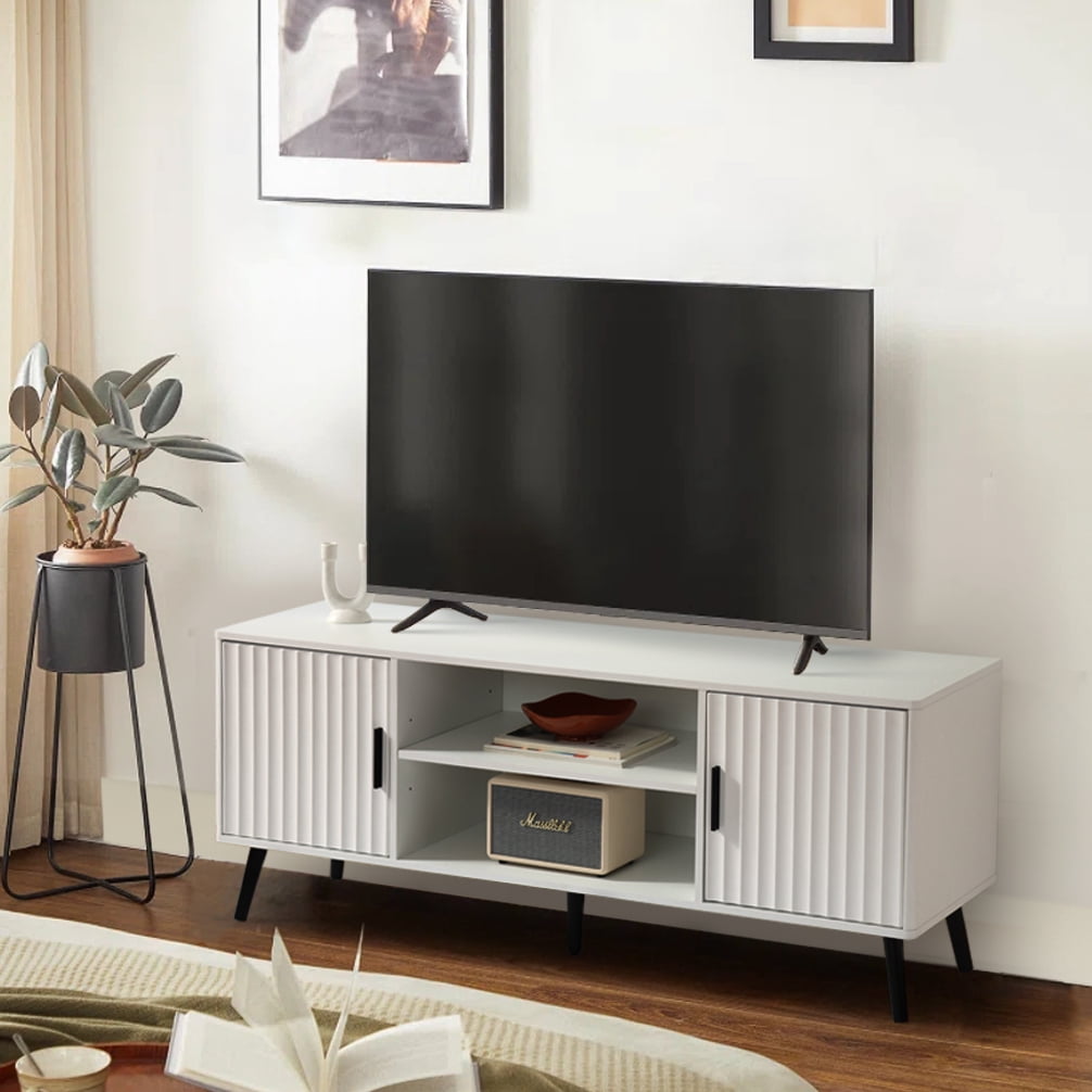 KATHY&BOB Modern TV Stand for 55-65 Inch TV, Media TV Console Table with 2 Storage Cabinets and Adjustable Shelf, Wood Feet, White