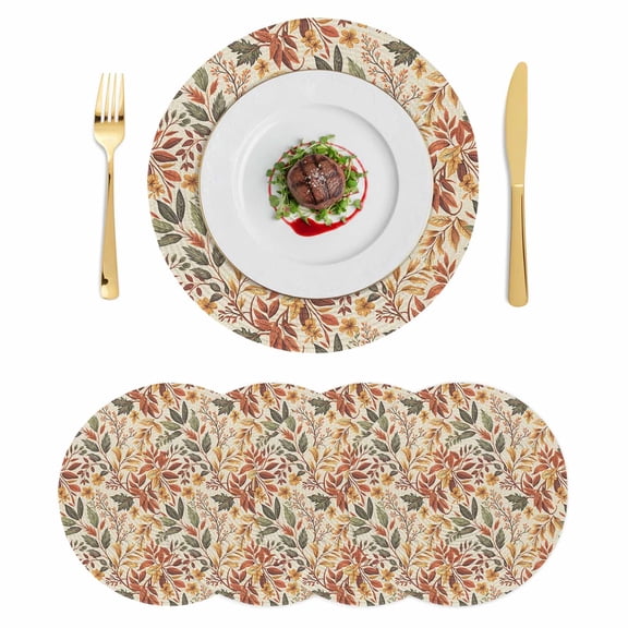 Fall Leaves Round 15 Inch Placemats Set of 4, Farmhouse Retro Botanical Floral HeatResistant Non Slip Place Mats for Dining Table, Wipeable Braided Kitchen Table Mats for Housewarming