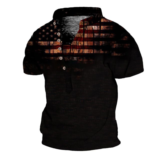 Men's Vintage Outdoor Hiking Short Sleeve Printed T-Shirt Breathable Button V Neck Short Sleeve Top M