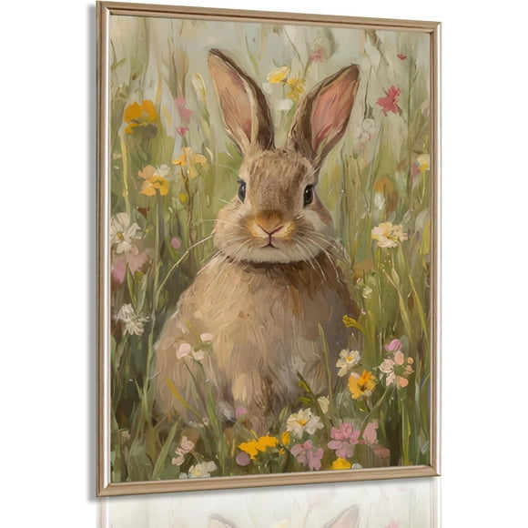 shiyou-Fun Easter bunny wall art Wildflower bunny wall decor pictures Nursery animal painting prints Aesthetic Room Floral Spring Artwork for Gallery living room home decoration,16x24in Unframed