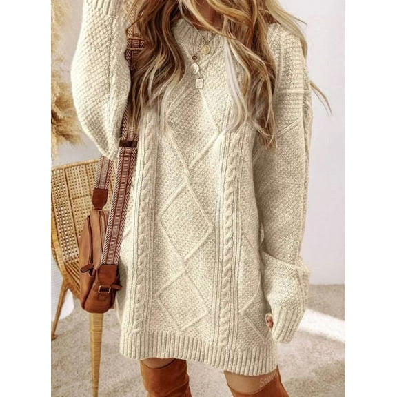 New Arrivals 2025: Women's Oversized Knit Dresses - Casual Long Sleeve Cable Knit Pullover Dresses with Lantern Sleeves