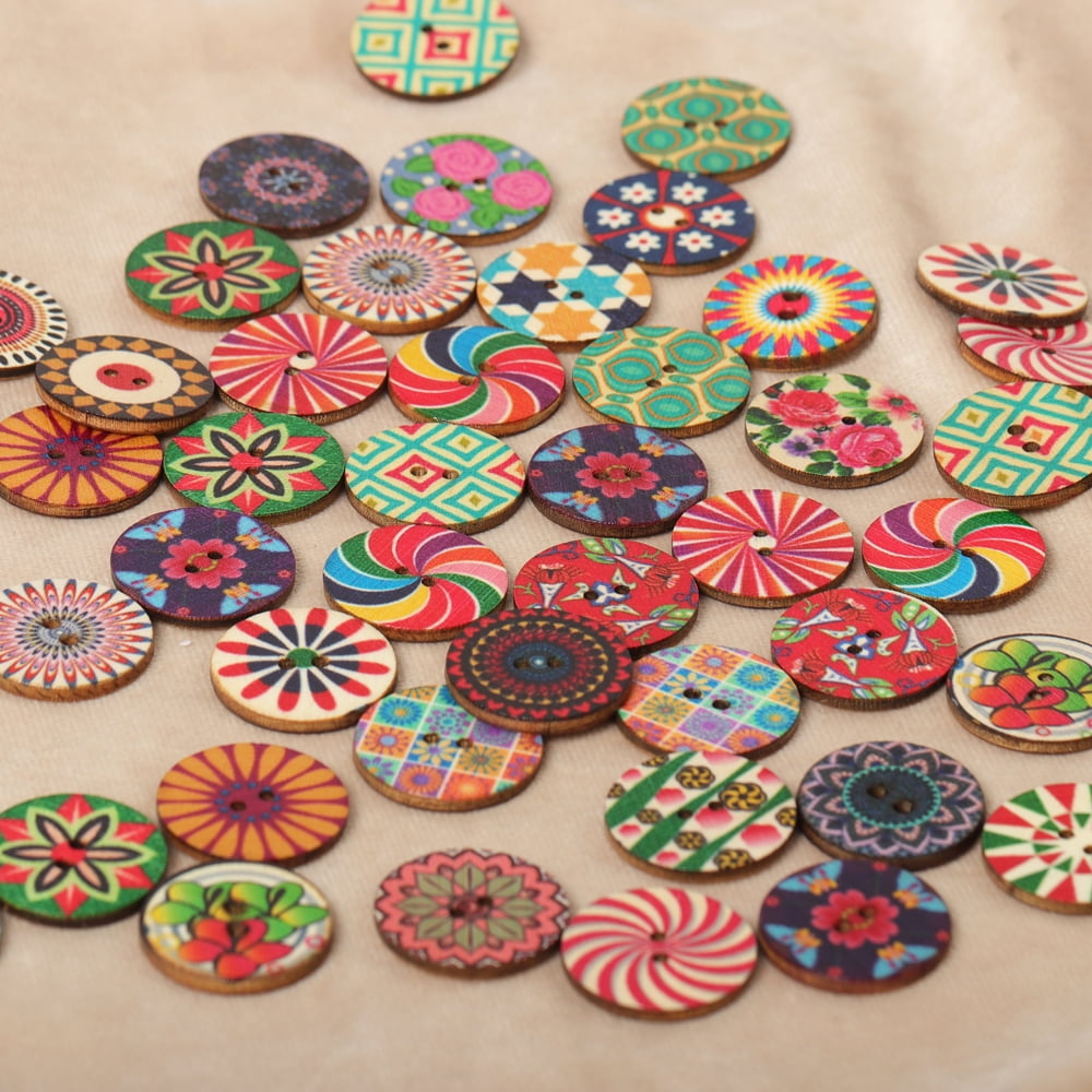 100pcs 25mm Vintage Flower Wooden Buttons Sewing Buttons DIY Materials