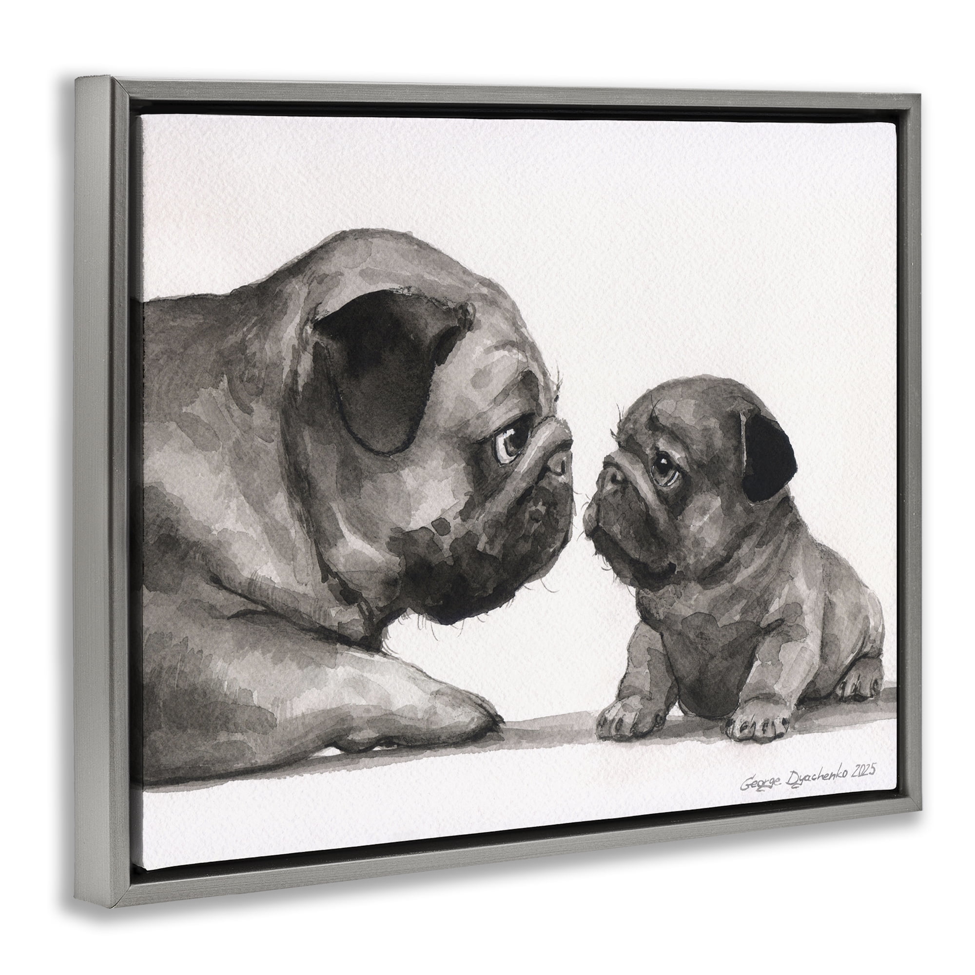 Stupell Industries Pug And Her Puppy Gray Framed Floater Canvas Wall Art, design by George Dyachenko