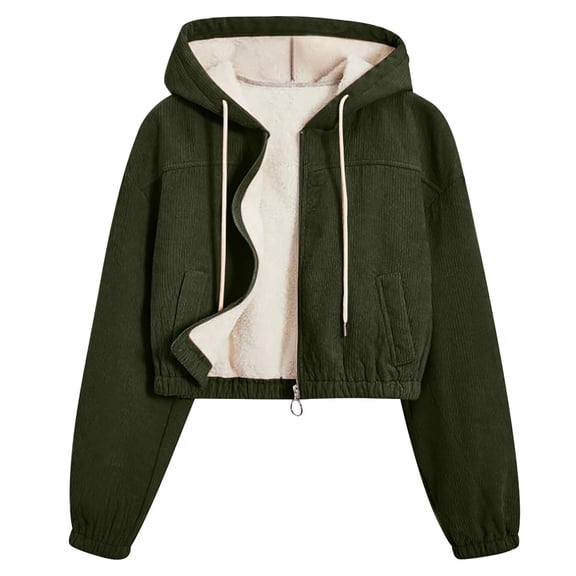Women'S Fashion Cropped Shacket Drawstring Hooded Zip Up Corduroy Jackets Casual Plaid Long Sleeve Short Jackets Coat