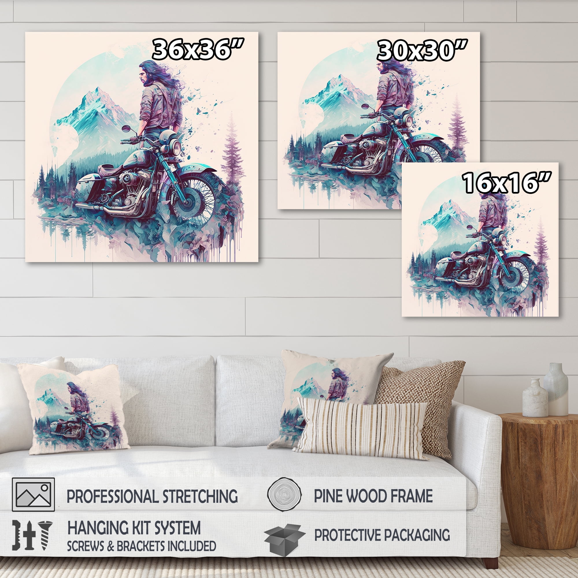 Designart Man And His Motorcycle With Mountain Views Canvas Wall Art