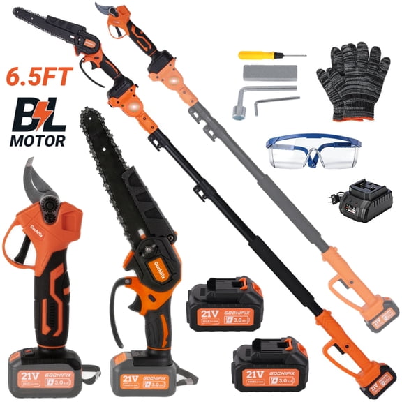 Cordless Pole Saw and Pole Pruning Shears,Gochifix 7.5FT Reach 8 Inch Mini Chainsaw and Electric Pruning Shears Set with 2 PCS 3.0Ah Batteries for Tree Branches Pruning & Wood Cutting