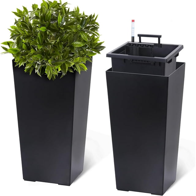 22" Tall Planters Set of 2, Outdoor&Indoor Black Planter Pots, High Front Porch Planter Pots with Drainage Holes&Water Level Monitor&Inner Bucket, Automatic Watering, Black