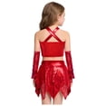 thumbnail image 2 of inlzdz Girls Sequin 3 Piece Dance Outfits Halter Crop Top with Skirt Gloves Set Jazz Latin Ballroom Dancewear Red 6, 2 of 6